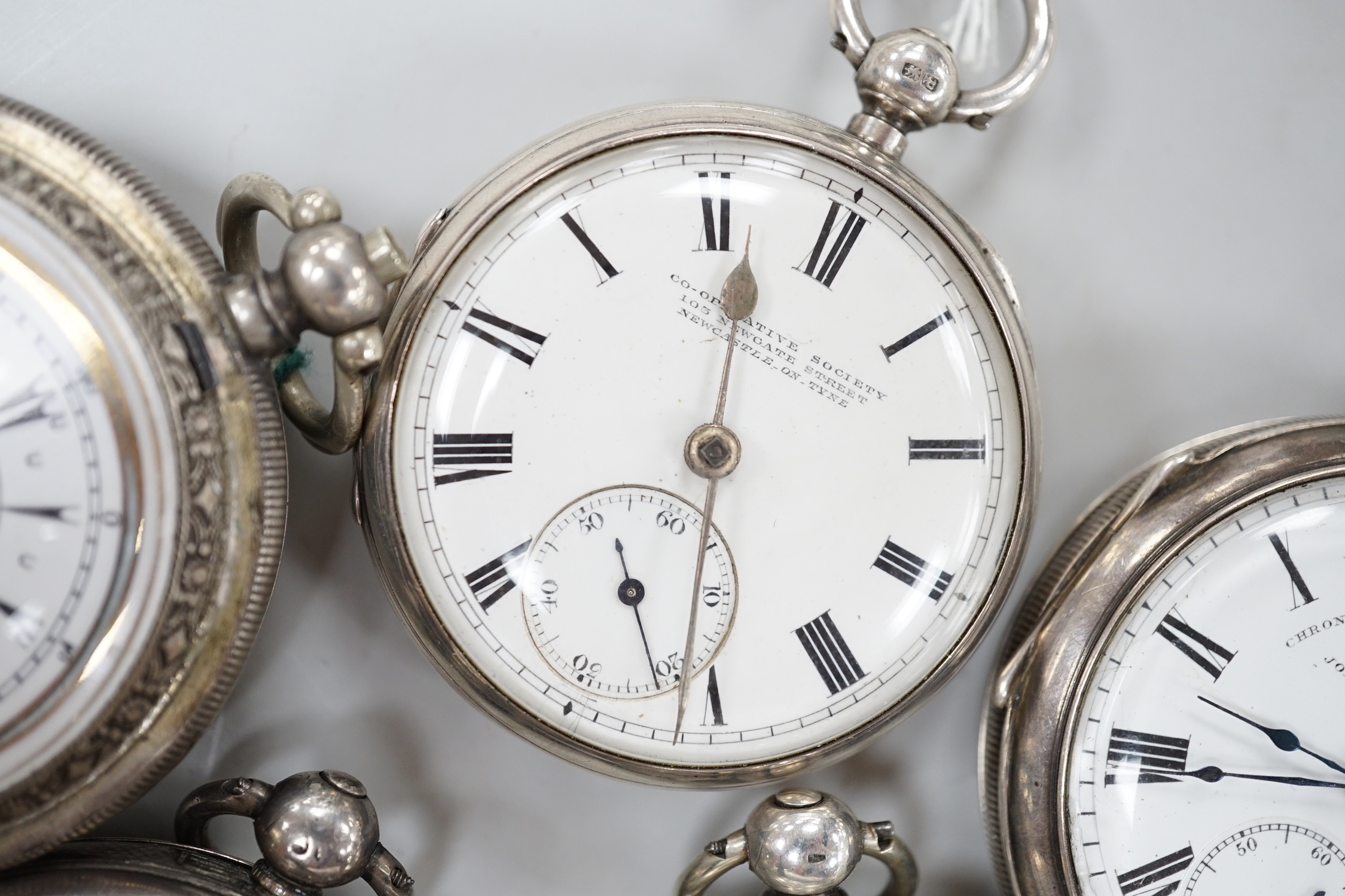 Nine assorted silver or white metal pocket watches including Joseph Stromier and John Forrest.